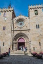 Viana do Castelo PORTUGAL - August 5, 2021 - Romanesque facade of the city`s Cathedral and people next to the entrance portico Royalty Free Stock Photo