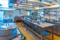 VIANA DO CASTELO, PORTUGAL, MAY 24, 2019: Kitchen inside of Gil Eannes ship moored at Viana do Castelo in Portugal