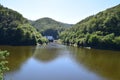 Vianden, Luxembourg - 08 10 2023: Reservoir lake of river Our with a power plant Royalty Free Stock Photo