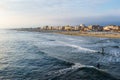 Viareggio beach with colorful umbrellas sunset.Tuscany,Viareggio, Italy.Versilia cost panorama.