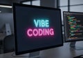 Vibe Coding Neon Text on Computer Screen programming Royalty Free Stock Photo