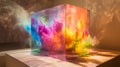 Vibrant abstract art showcasing a colorful explosion within a transparent cube, creating a captivating interplay of light and Royalty Free Stock Photo