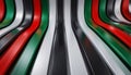 Dynamic Abstract Background with Wavy Metallic Stripes in Red, Green, Silver, and Black Royalty Free Stock Photo