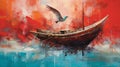 Vibrant Abstract Bird Painting Of A Boat Struggling In The Red Sea