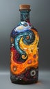 Vibrant abstract bottle with swirling colors and cork stopper