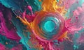 vibrant abstract composition features large circular splash blue and pink paint, surrounded by splatters Royalty Free Stock Photo