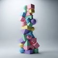 A tall precarious tower of colorful geometric shapes balanced against a soft gray background Royalty Free Stock Photo