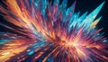 A vibrant abstract 3D render of multicolored, sharp, angular shards exploding outwards from a central point, creating a