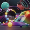 Vibrant 3D abstract geometric still life with colorful spheres and archways in a dark setting Royalty Free Stock Photo