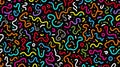 Vibrant abstract design of squiggly lines and geometric shapes in bright colors over black backdrop Royalty Free Stock Photo