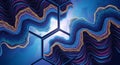 Abstract digital art featuring glowing hexagonal structure with fluid blue and gold patterns Royalty Free Stock Photo