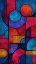 Vibrant abstract geometric composition featuring overlapping circles rectangles and curved shapes with deep textured colors Royalty Free Stock Photo