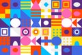 Vibrant abstract geometric pattern with colorful squares, circles, and triangles, creating a playful and modern design background Royalty Free Stock Photo
