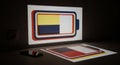 Abstract geometric square design in primary colors displayed on white screen with dark background and paper sketch nearby Royalty Free Stock Photo