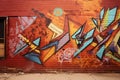 Vibrant Abstract Graffiti: Bold Colors, Geometric Shapes on Weathered Brick Wall