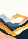 Colorful abstract landscape illustration with layered mountains and hills in pastel tones under a clear sky, perfect for