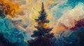 Vibrant abstract interpretation of towering pine tree against colorful sky