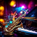 Vibrant Abstract Musical Notes and Instruments on Polished Stage Royalty Free Stock Photo