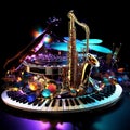 Vibrant Abstract Musical Notes and Instruments on Polished Stage