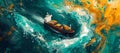 Vibrant abstract ocean artwork with tugboat, dynamic brush strokes capture fluid motion. contemporary nautical theme. AI Royalty Free Stock Photo