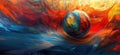 Vibrant Abstract Orb Surrounded by Fiery Swirls and Fluid Colors, Blending Warm and Cool Tones in a Dynamic Composition