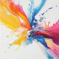 Vibrant abstract paint splatter with multicolored fluid streaks on canvas