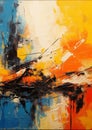 And vibrant abstract painting on a canvas, featuring oranges, blues, whites, and yellows Royalty Free Stock Photo