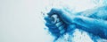 Abstract painting of blue fists in a dynamic composition