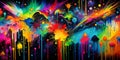 A vibrant abstract painting with colorful splashes and drips creating a dynamic and energetic visual experience