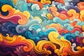 A vibrant abstract painting featuring a mesmerizing blend of colorful waves and clouds, Psychedelic swirls and waves, AI Generated