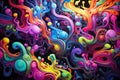 A vibrant abstract painting featuring a variety of colors, shapes, and patterns, A swirling chaos of vibrant, neon colors, AI