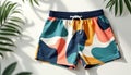 Vibrant abstract patterned beach shorts with white drawstring lie on bright white surface. Natural light creates soft palm leaf Royalty Free Stock Photo