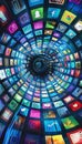 Vibrant abstract tunnel of app icons leading to dark core a representation of digital connectivity