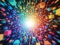 Vibrant abstract tunnel of colorful cubes exploding outwards towards a bright light Royalty Free Stock Photo