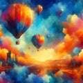 Vibrant abstract watercolor hot air balloons floating in a colo