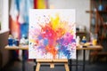 Vibrant Abstract Watercolor Splatter Painting on Wooden Easel