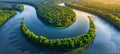 Vibrant aerial landscape cultivated farmland with lush greenery and river, digital matte painting