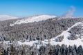 Vibrant aerial panorama of the slope at ski resort, people skiing, snow trees, blue sky