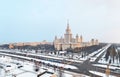 Vibrant aerial panorama of winter campus of famous Russian university with snowed trees in Moscow