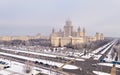 Vibrant aerial panorama of winter campus of famous Russian university with snowed trees in Moscow