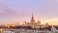 Vibrant aerial panorama of winter campus of famous sunset university with snowed trees in Moscow