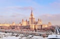 Vibrant aerial panorama of winter campus of famous sunset university with snowed trees in Moscow