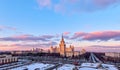 Vibrant aerial panoramic view of winter campus of famous Russian university in Moscow