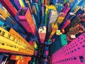Vibrant aerial view of a colorful urban cityscape with towering skyscrapers and dynamic architecture creating an abstract, lively