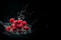 Vibrant AI generator illustration of red raspberries in splashing water