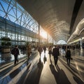 Vibrant Airport Terminal: Busy Business Atmosphere with Modern Architecture and Expansive Windows