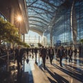 Vibrant Airport Terminal: Busy Business Atmosphere with Modern Architecture and Expansive Windows