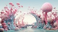 A vibrant alien ecosystem with pink and blue flora, featuring large spheres and intricate lifeforms