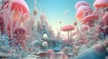 A vibrant alien ecosystem with pink and blue flora, featuring large spheres and intricate lifeforms