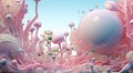 A vibrant alien ecosystem with pink and blue flora, featuring large spheres and intricate lifeforms